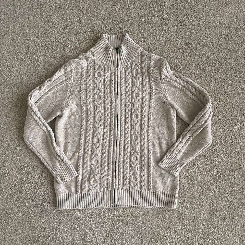 L.L Bean Womens Beige Cotton Cable Knit Full Zip Mock Neck Cardigan - Size L